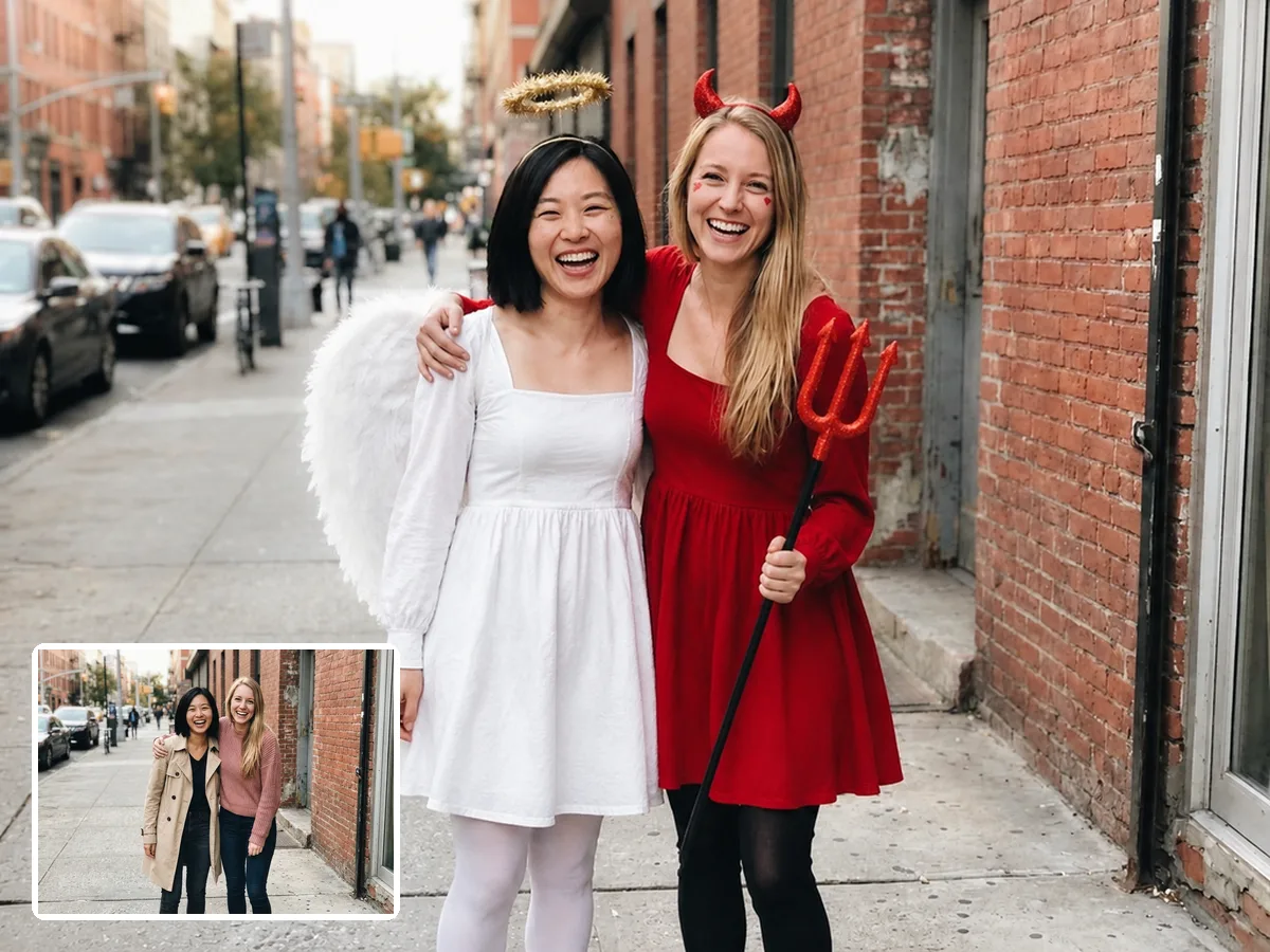Two friends in AI angel and devil Halloween costumes with the original photo in the corner