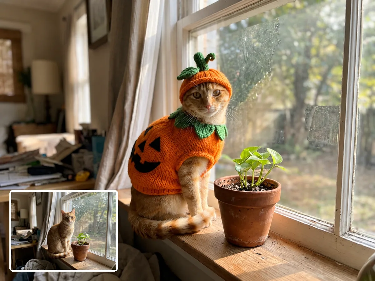 Tabby cat in an AI pumpkin Halloween costume with the original cat photo in the corner