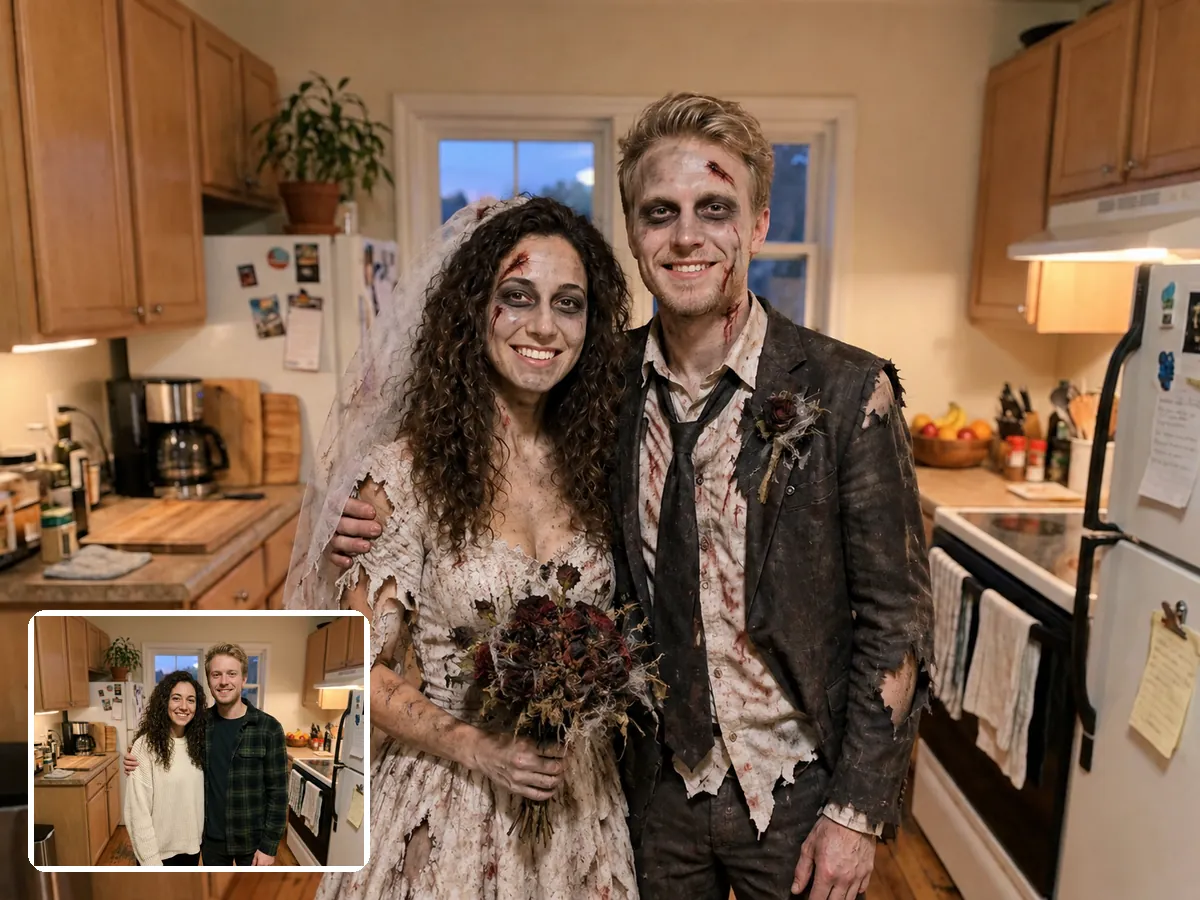 Couple in an AI zombie bride and groom Halloween costume with the original photo in the corner