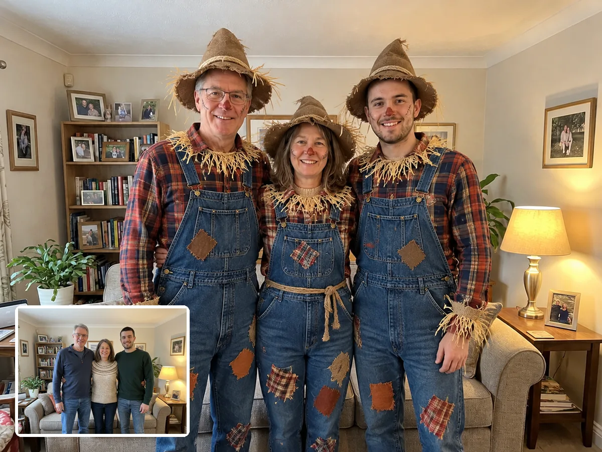 Family of three in AI scarecrow Halloween costumes with the original photo in the corner