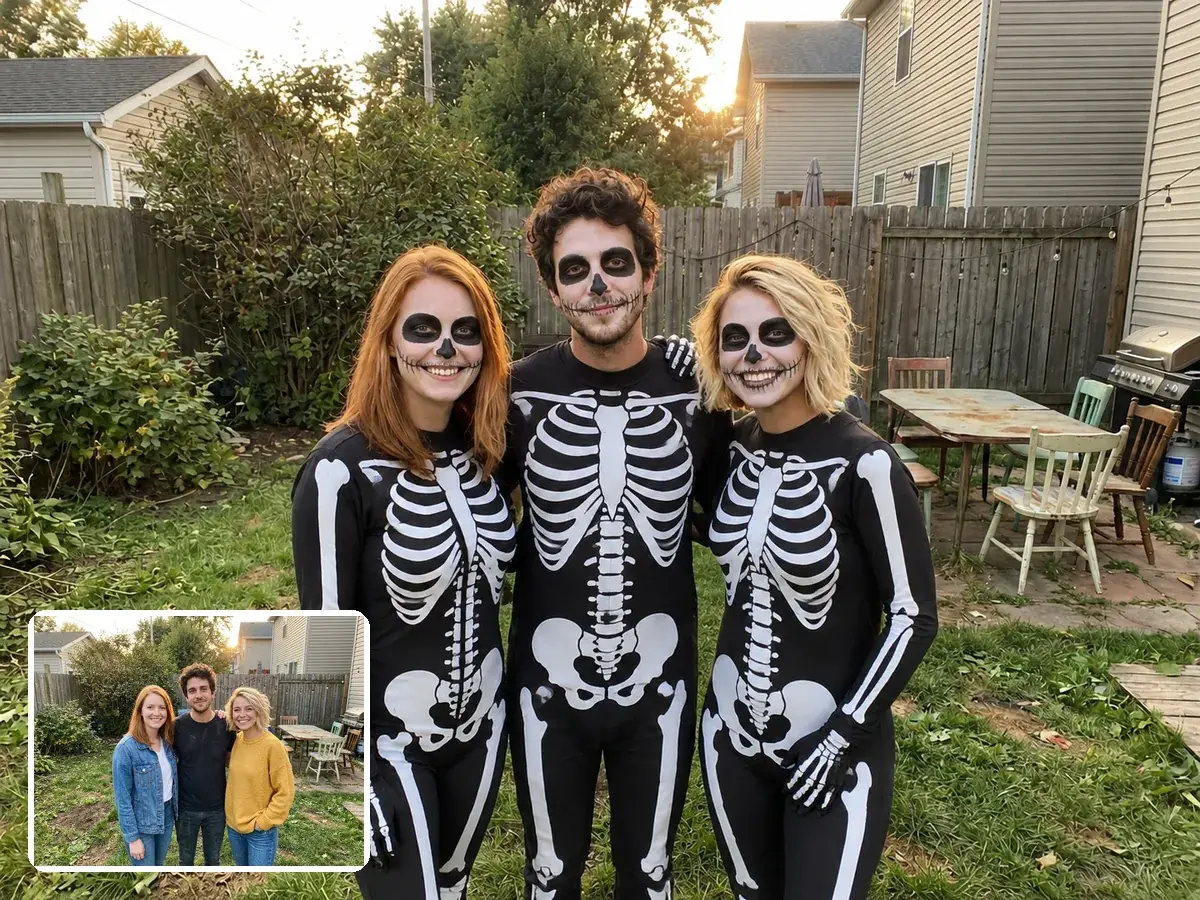 Three friends in AI skeleton Halloween costumes with the original group photo in the corner