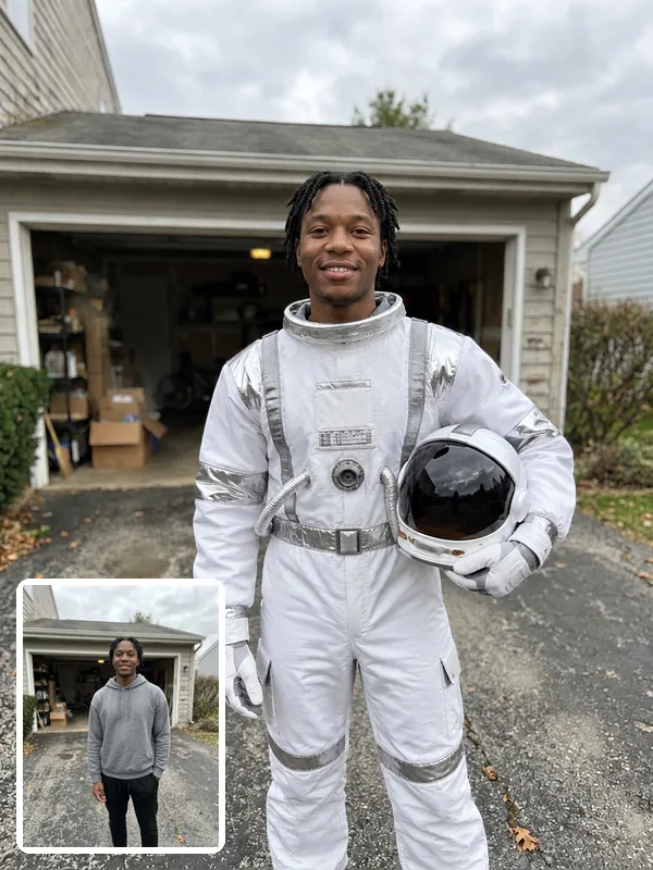 Man in an AI astronaut costume holding a helmet in a driveway