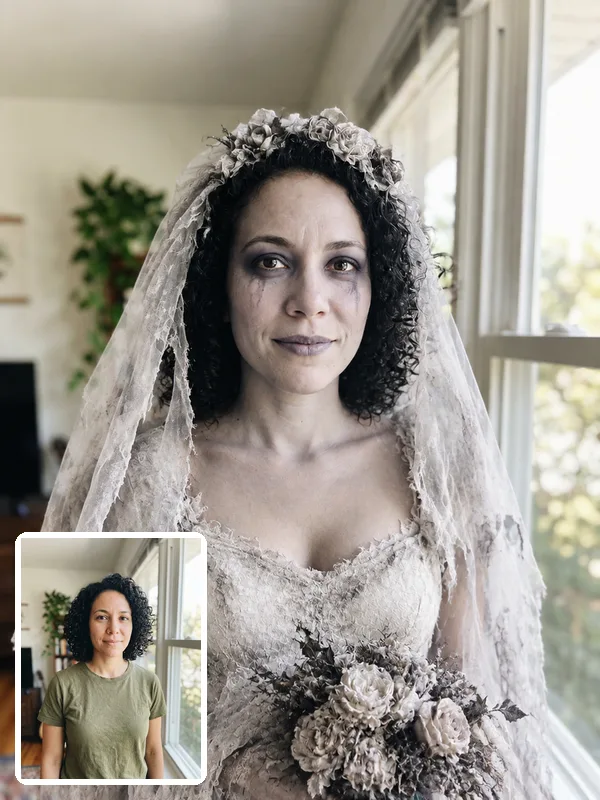 Woman in an AI ghost bride costume with a torn veil by a window