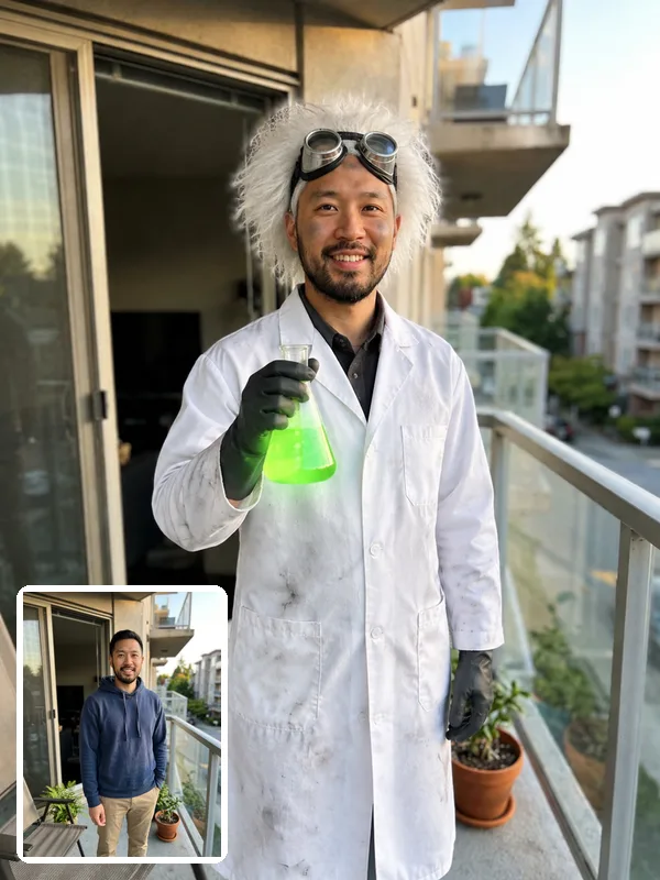 Man in an AI mad scientist costume holding a glowing flask on a balcony