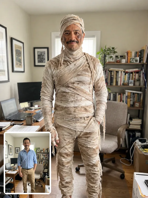 Man in an AI mummy costume wrapped in bandages in a home office