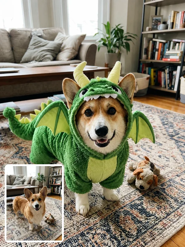 Corgi in an AI green dragon pet costume on a living room rug
