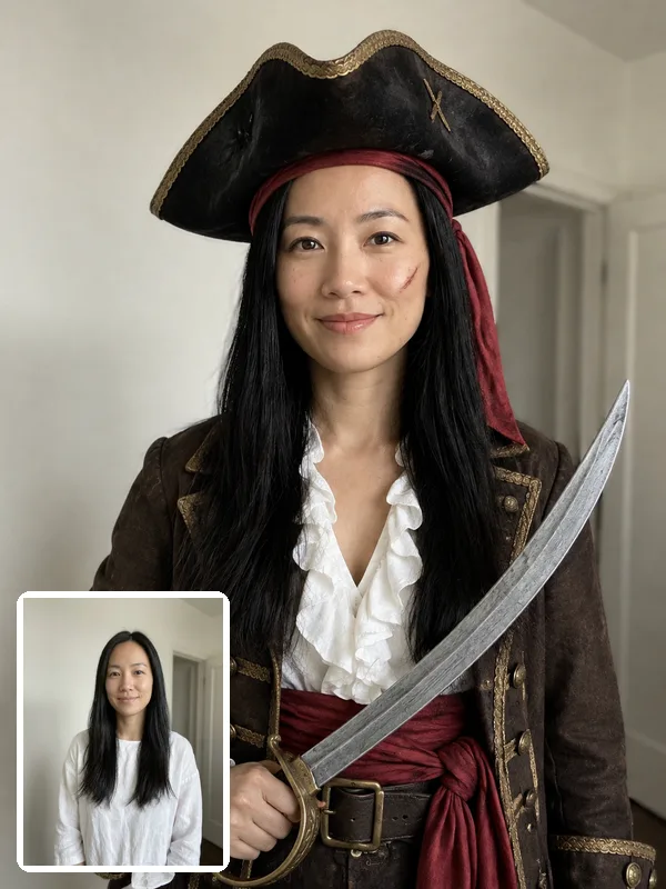 Woman in an AI pirate captain costume holding a cutlass