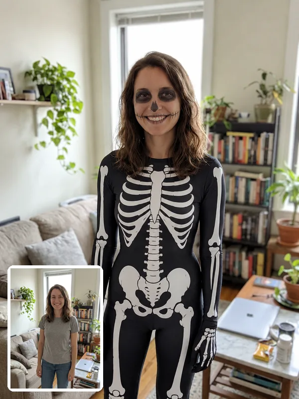 Woman in an AI skeleton bodysuit costume in a living room