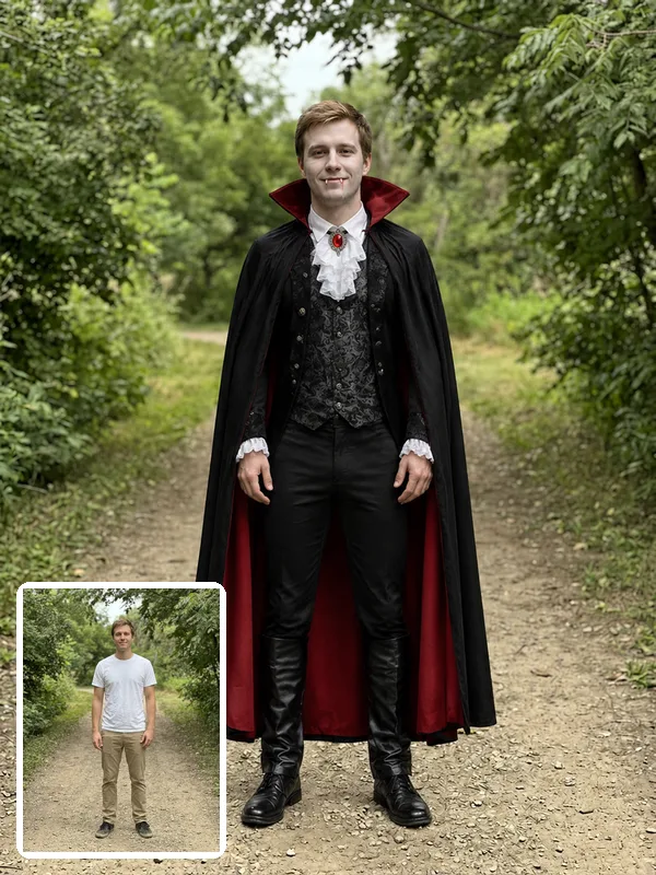 Man in an AI vampire costume with a red-lined cape on a garden path