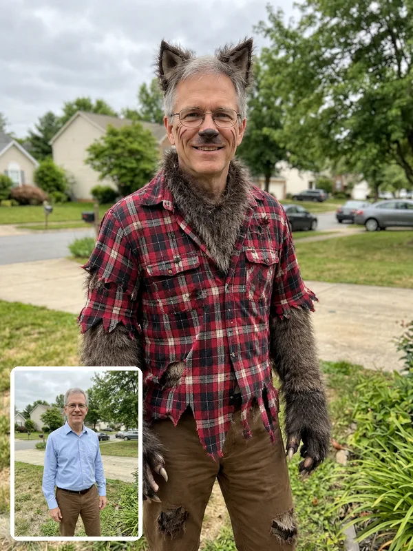 Older man in an AI werewolf costume with fur gloves in a front yard