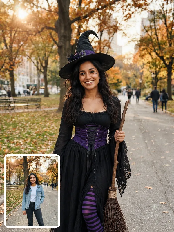 Woman in an AI witch costume with a broom in an autumn park