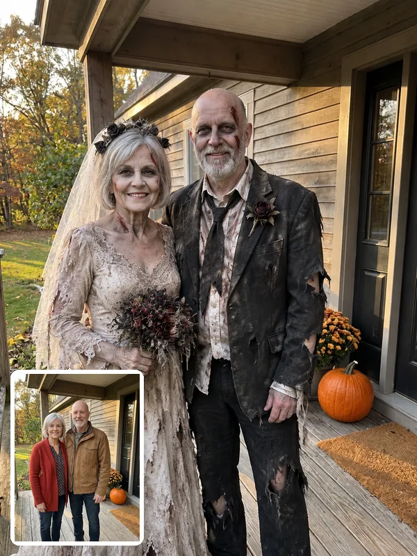 Older couple in AI zombie bride and groom costumes on a front porch