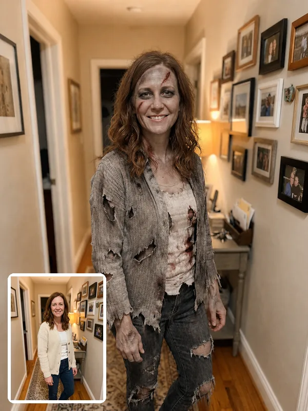 Woman in an AI zombie costume with torn clothes in a hallway