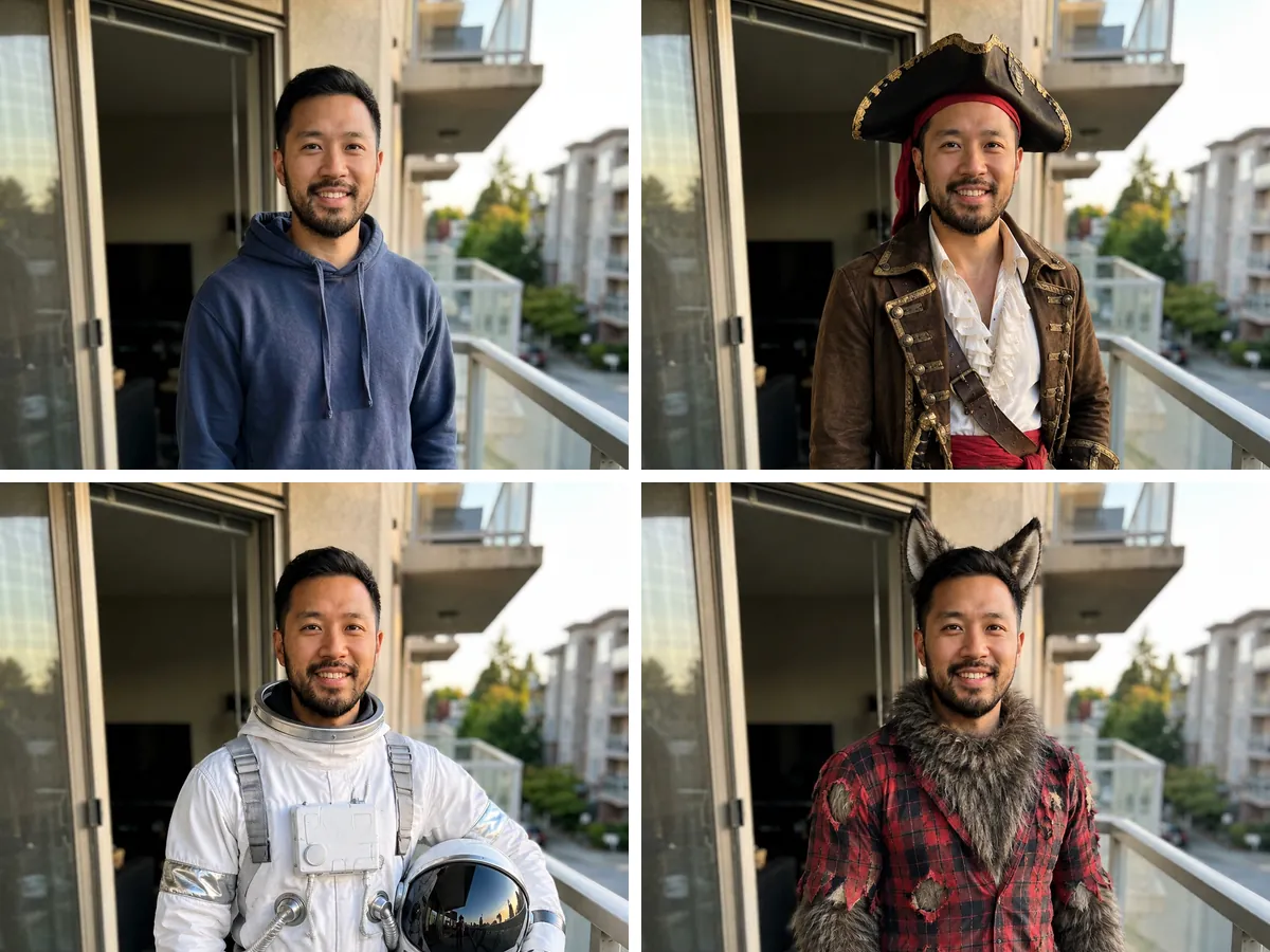 One photo of a man next to AI Halloween costume results as a pirate, an astronaut and a werewolf