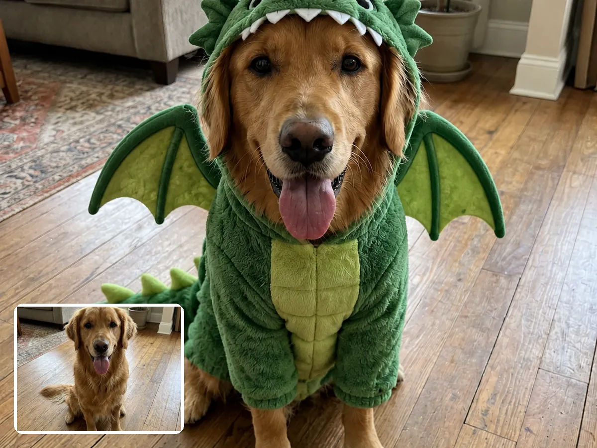Golden retriever in an AI dragon Halloween costume with the original dog photo in the corner
