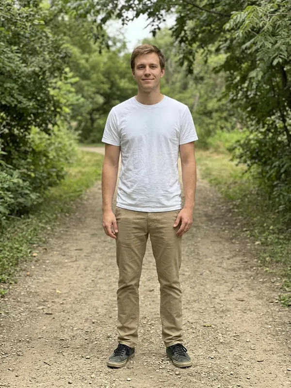 Good example: man standing on a path with his whole body in frame