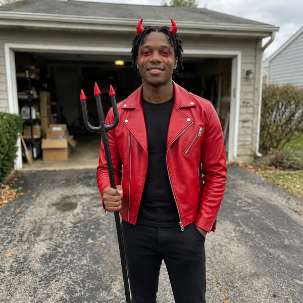 Square Halloween profile picture of a man in an AI devil costume