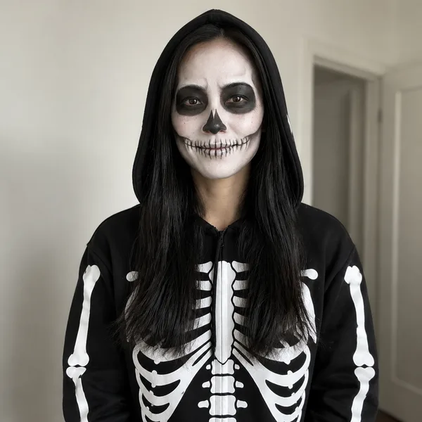 Square Halloween profile picture of a woman with AI skeleton face paint