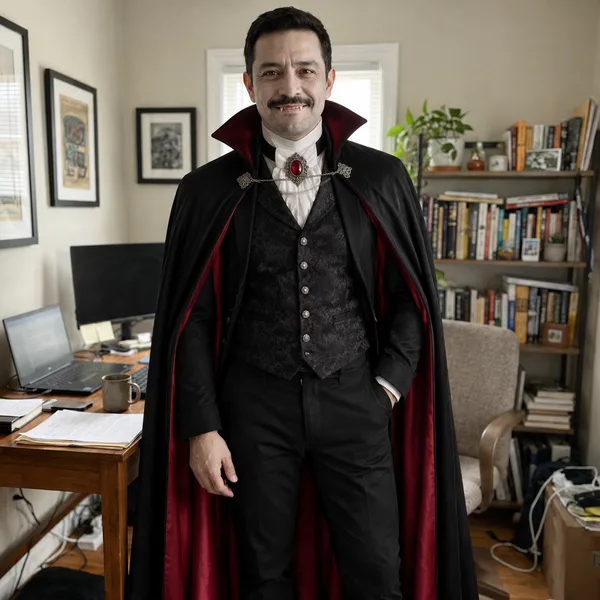 Square Halloween profile picture of a man in an AI vampire costume