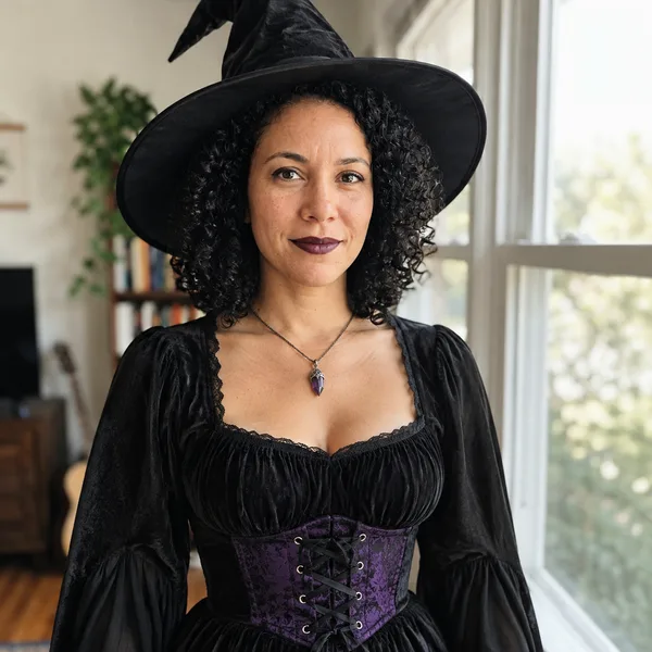 Square Halloween profile picture of a woman in an AI witch costume