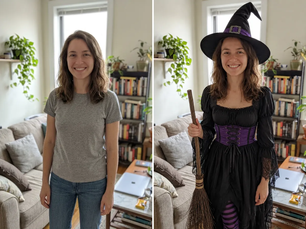 Woman in a grey t-shirt next to the same woman in an AI witch Halloween costume