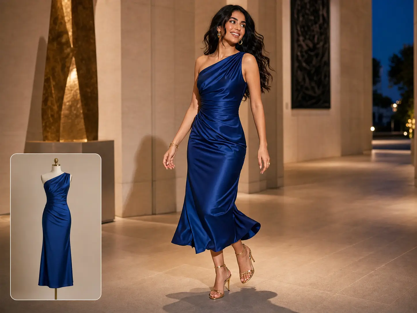 AI dress changer applying a reference evening dress to a person photo