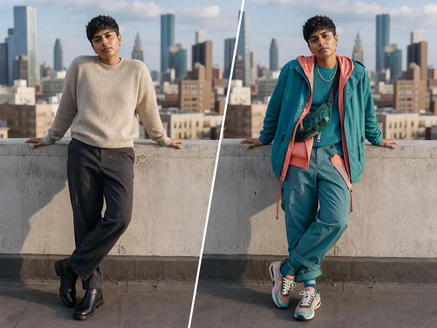 AI outfit changer replacing a neutral sweater with a bright streetwear outfit