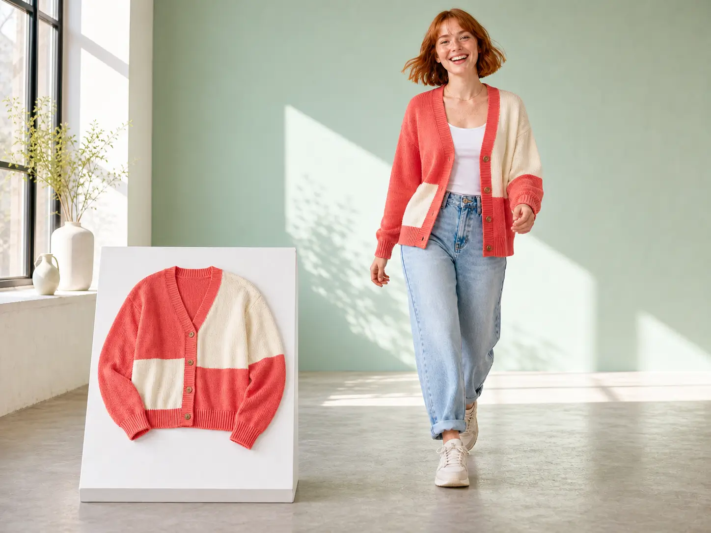 AI virtual try-on placing a flat garment reference on a person photo