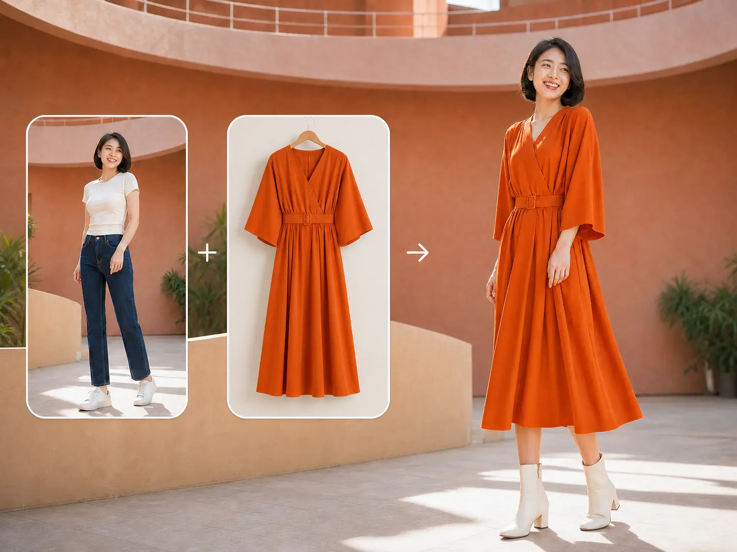 Young woman changed from a white top and jeans into an orange midi dress