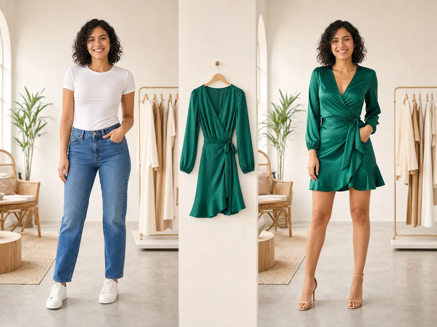 Person photo, clothing reference, and realistic AI clothes changer result